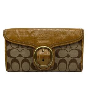 COACH Tan and Brown Canvas Patent Leather Wallet